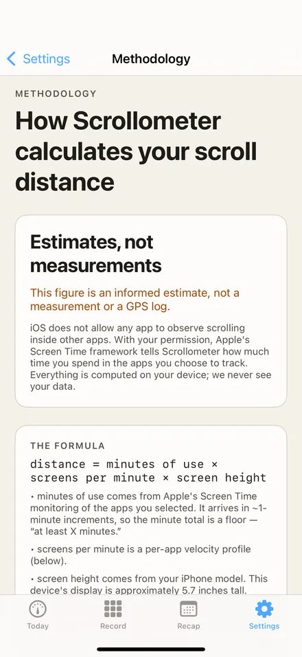 Scrollometer Methodology screen: the formula behind every estimate