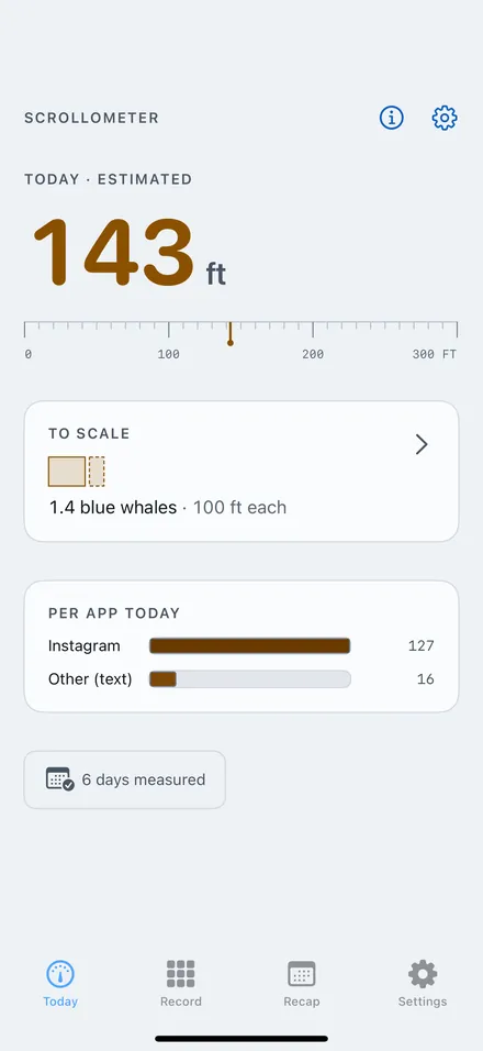 Scrollometer Today screen: today's estimated scroll distance and a to-scale comparison